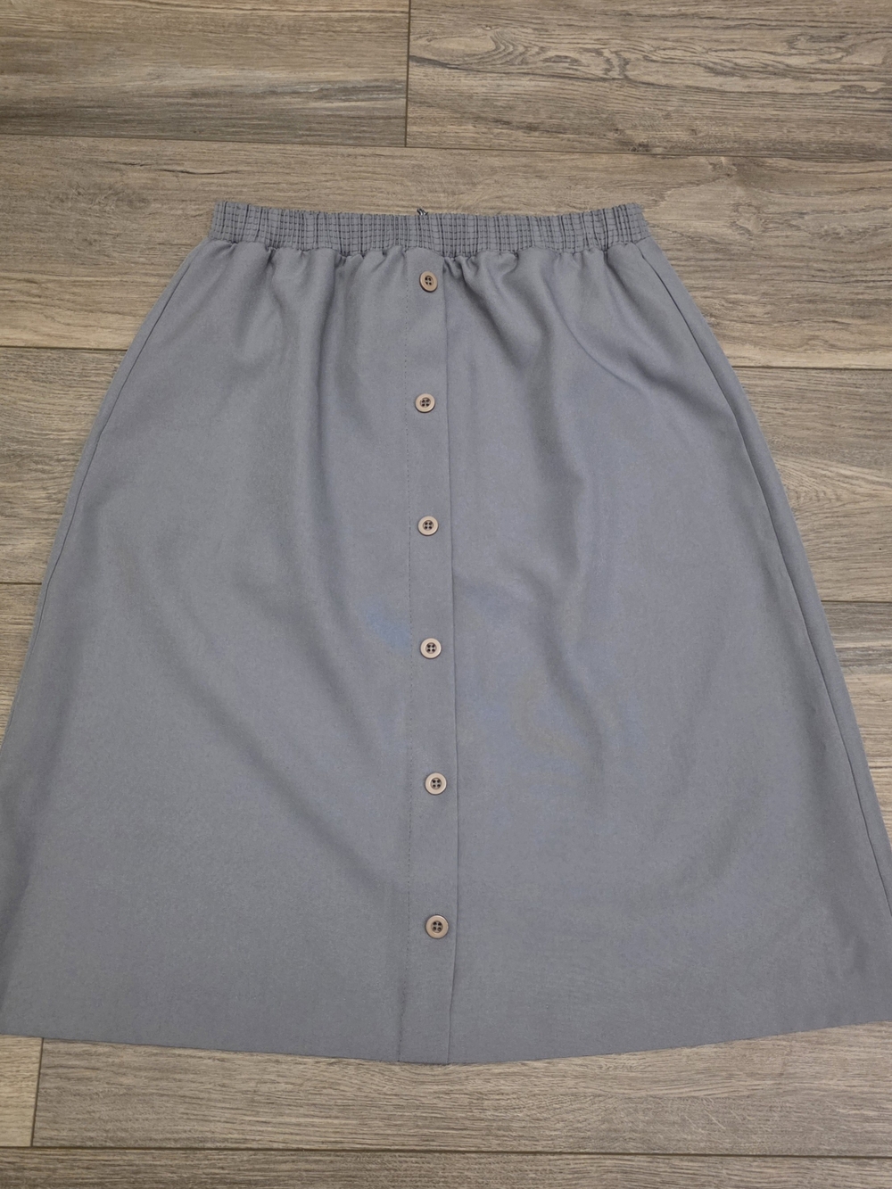 Vintage Ermané Grey Button-Front Midi Skirt, Elastic Waist Size 14